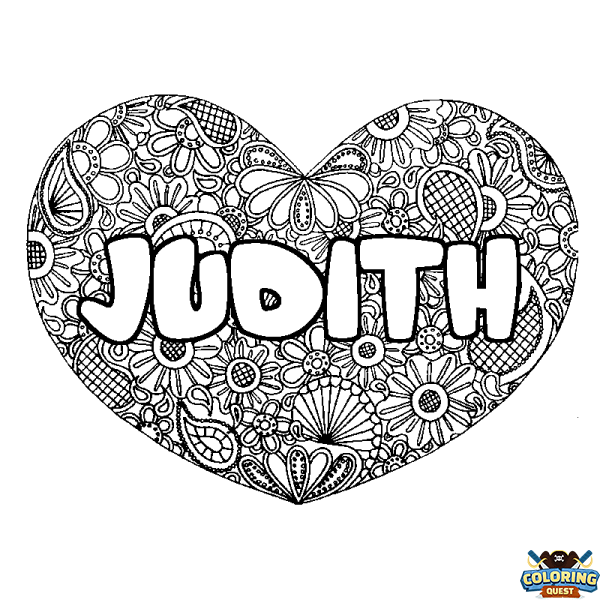Coloring page first name JUDITH - Heart mandala background