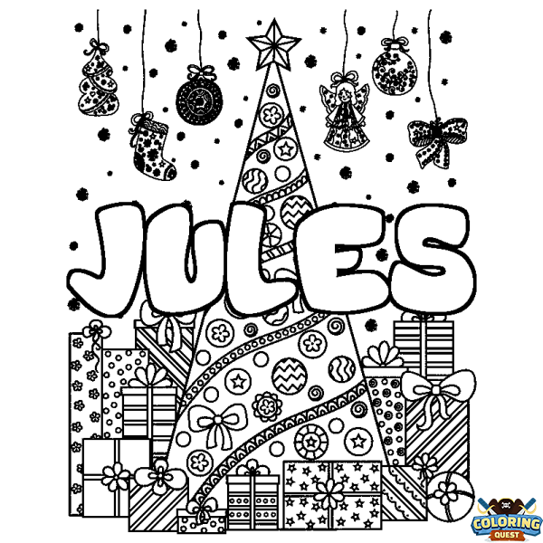 Coloring page first name JULES - Christmas tree and presents background