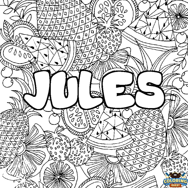 Coloring page first name JULES - Fruits mandala background
