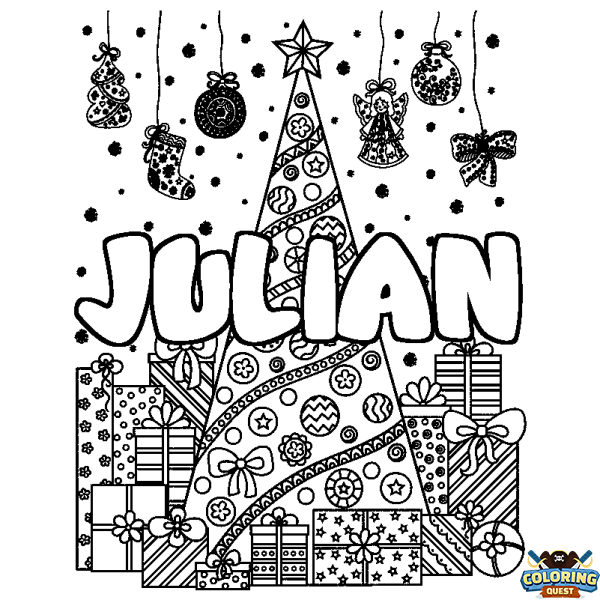 Coloring page first name JULIAN - Christmas tree and presents background