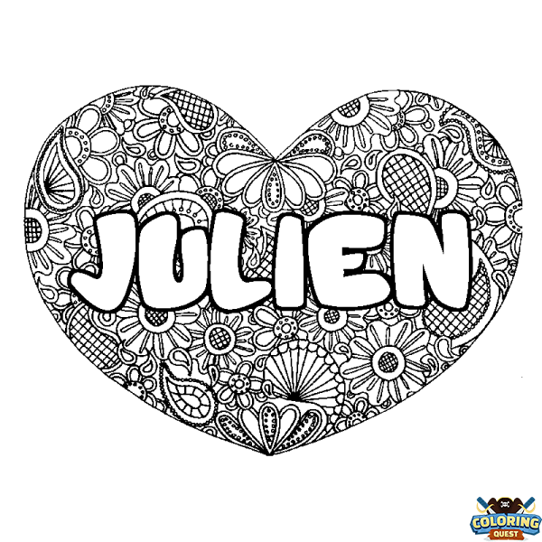 Coloring page first name JULIEN - Heart mandala background