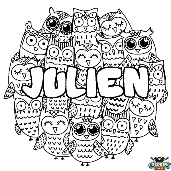 Coloring page first name JULIEN - Owls background