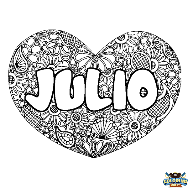 Coloring page first name JULIO - Heart mandala background