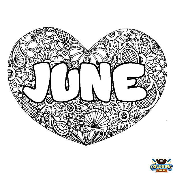 Coloring page first name JUNE - Heart mandala background