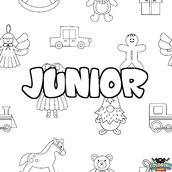 Coloring page first name JUNIOR - Toys background