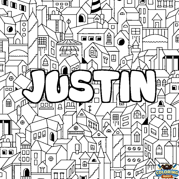 Coloring page first name JUSTIN - City background