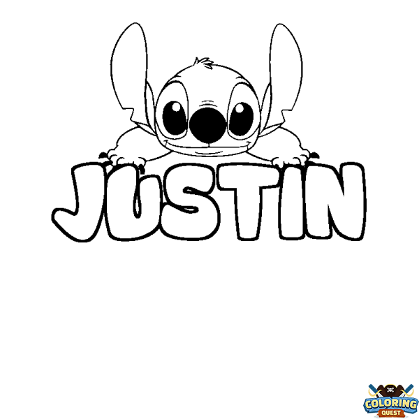 Coloring page first name JUSTIN - Stitch background