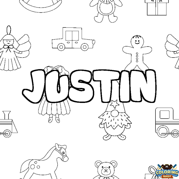 Coloring page first name JUSTIN - Toys background