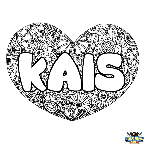 Coloring page first name KAIS - Heart mandala background