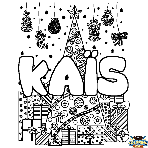 Coloring page first name KA&Iuml;S - Christmas tree and presents background