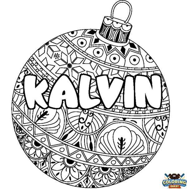 Coloring page first name KALVIN - Christmas tree bulb background