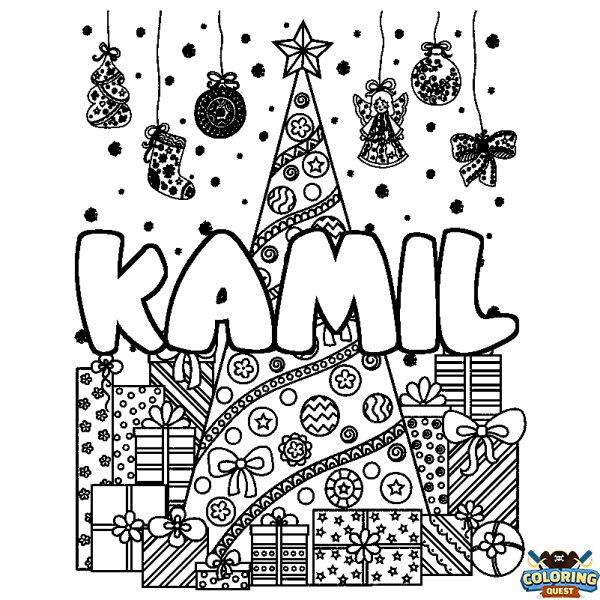 Coloring page first name KAMIL - Christmas tree and presents background