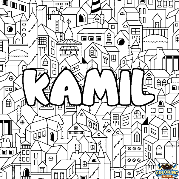 Coloring page first name KAMIL - City background