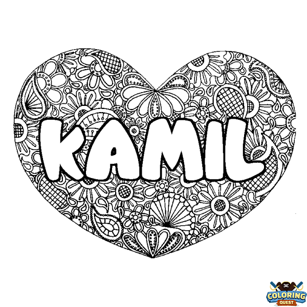 Coloring page first name KAMIL - Heart mandala background