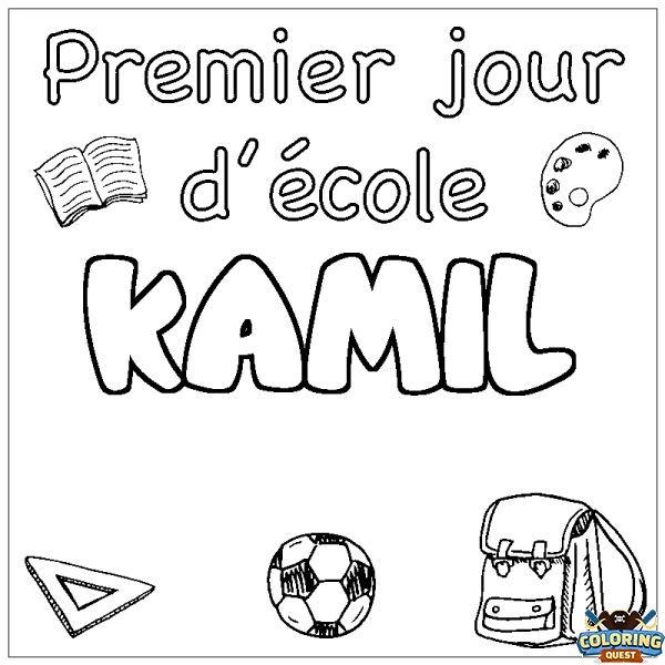 Coloring page first name KAMIL - School First day background