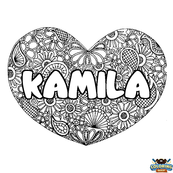 Coloring page first name KAMILA - Heart mandala background