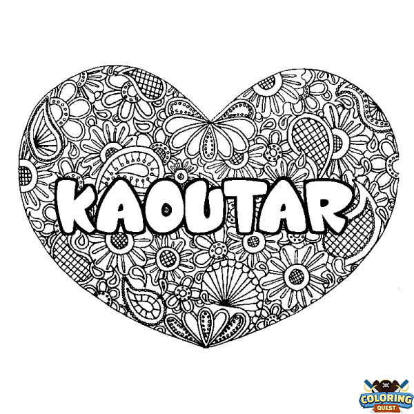 Coloring page first name KAOUTAR - Heart mandala background