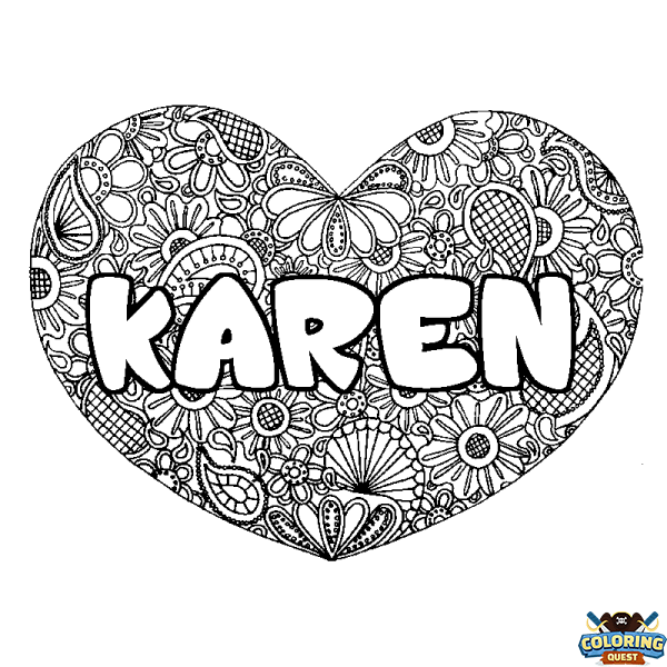 Coloring page first name KAREN - Heart mandala background