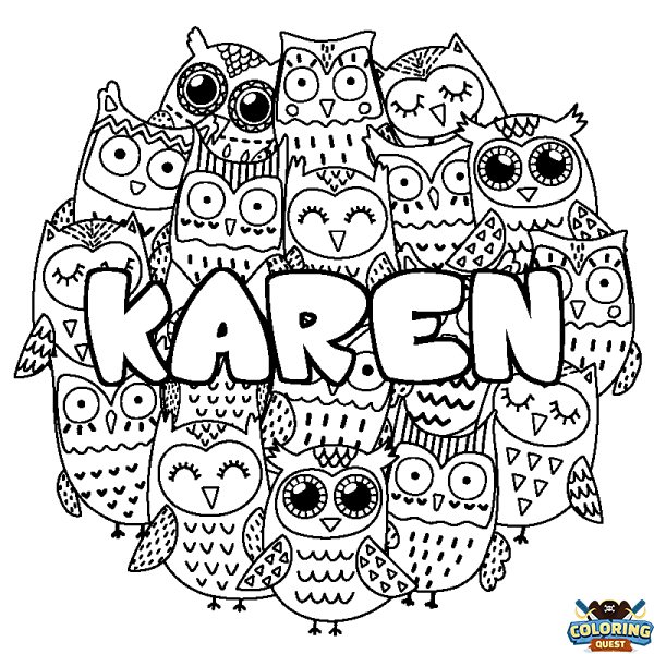 Coloring page first name KAREN - Owls background