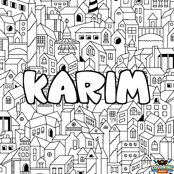 Coloring page first name KARIM - City background