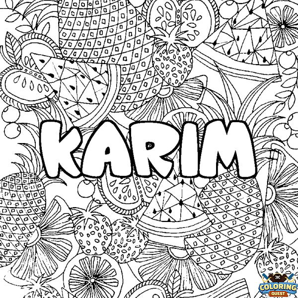 Coloring page first name KARIM - Fruits mandala background