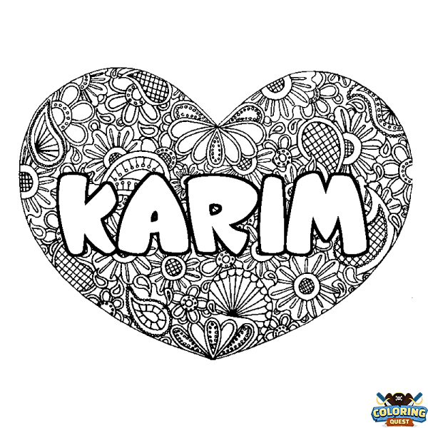 Coloring page first name KARIM - Heart mandala background