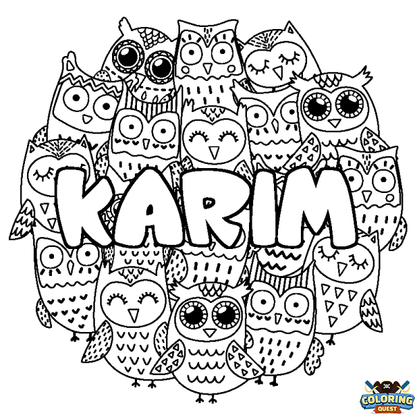 Coloring page first name KARIM - Owls background