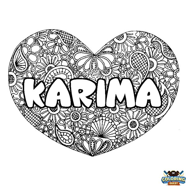 Coloring page first name KARIMA - Heart mandala background