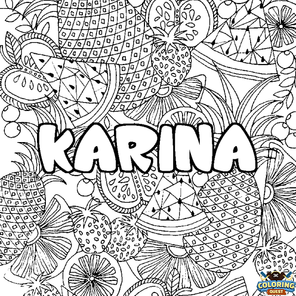 Coloring page first name KARINA - Fruits mandala background