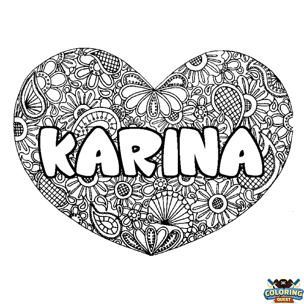 Coloring page first name KARINA - Heart mandala background