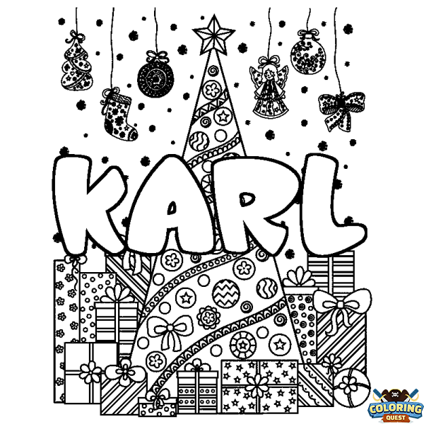 Coloring page first name KARL - Christmas tree and presents background