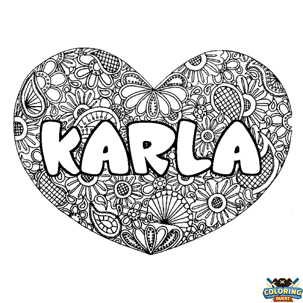 Coloring page first name KARLA - Heart mandala background