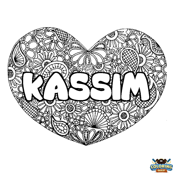 Coloring page first name KASSIM - Heart mandala background