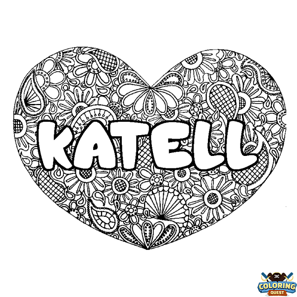 Coloring page first name KATELL - Heart mandala background