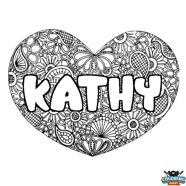 Coloring page first name KATHY - Heart mandala background