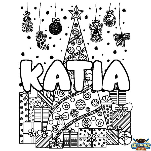 Coloring page first name KATIA - Christmas tree and presents background