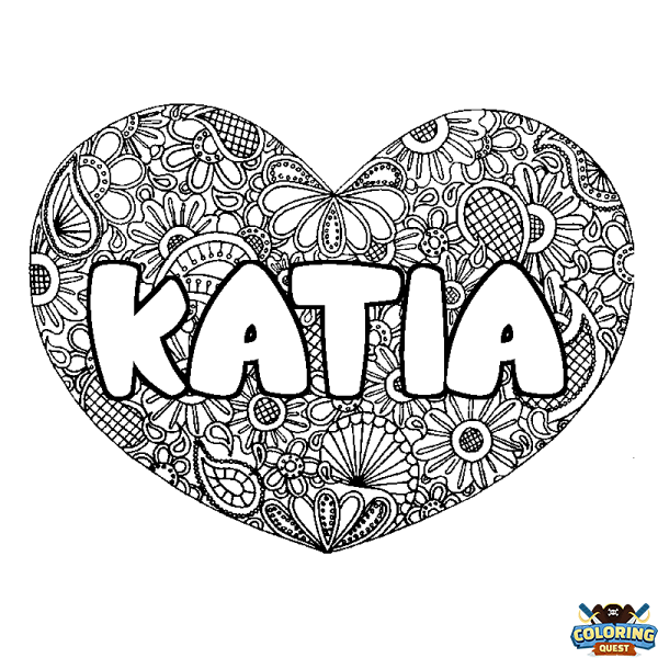 Coloring page first name KATIA - Heart mandala background