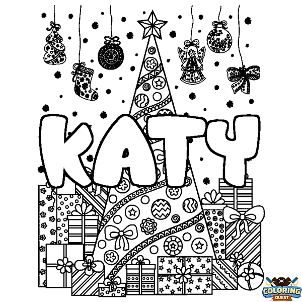 Coloring page first name KATY - Christmas tree and presents background