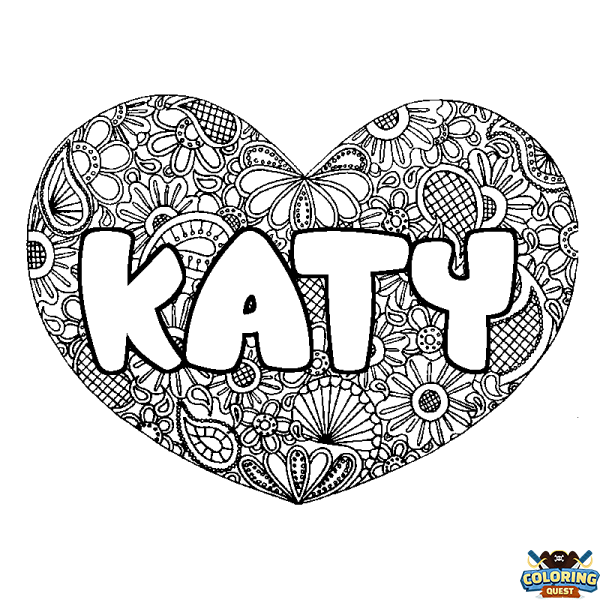 Coloring page first name KATY - Heart mandala background
