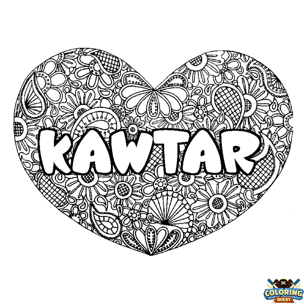 Coloring page first name KAWTAR - Heart mandala background
