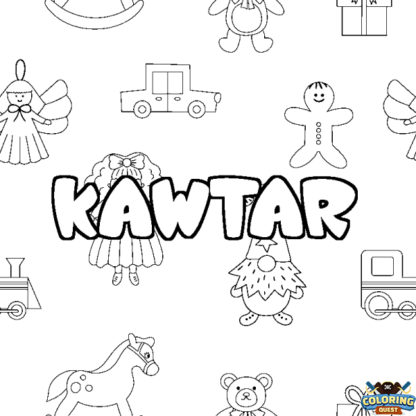 Coloring page first name KAWTAR - Toys background