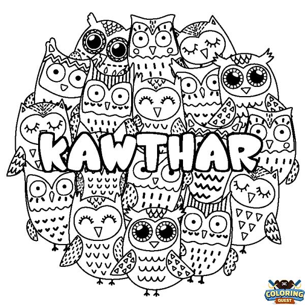 Coloring page first name KAWTHAR - Owls background