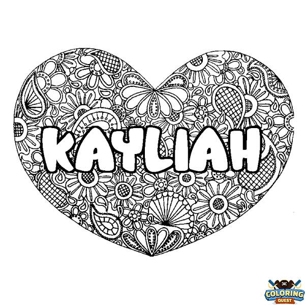 Coloring page first name KAYLIAH - Heart mandala background
