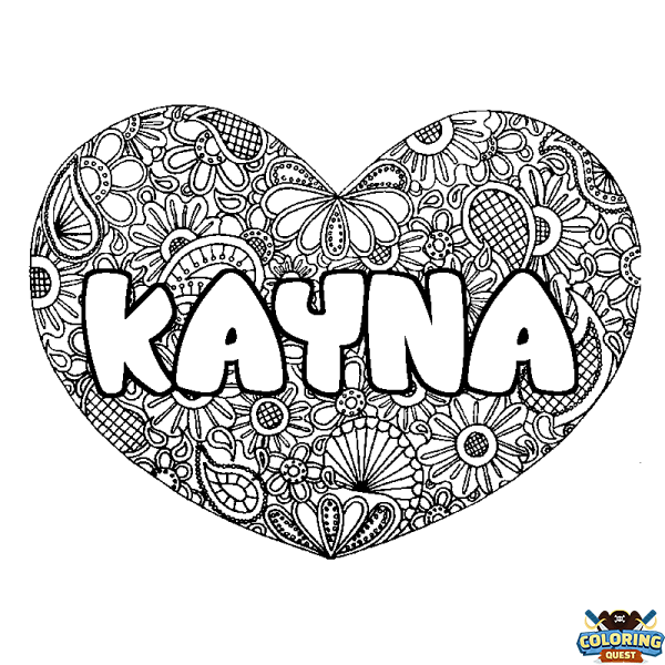 Coloring page first name KAYNA - Heart mandala background
