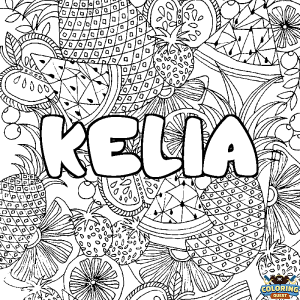 Coloring page first name KELIA - Fruits mandala background