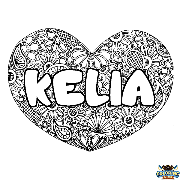 Coloring page first name KELIA - Heart mandala background
