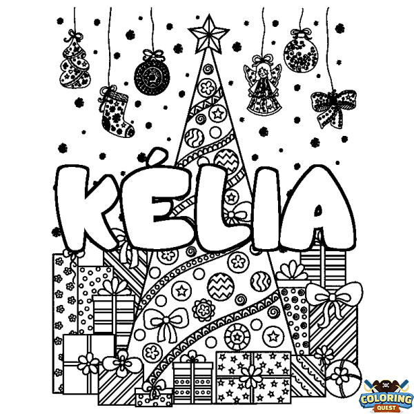 Coloring page first name K&Eacute;LIA - Christmas tree and presents background
