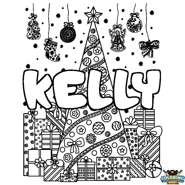 Coloring page first name KELLY - Christmas tree and presents background