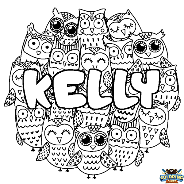 Coloring page first name KELLY - Owls background