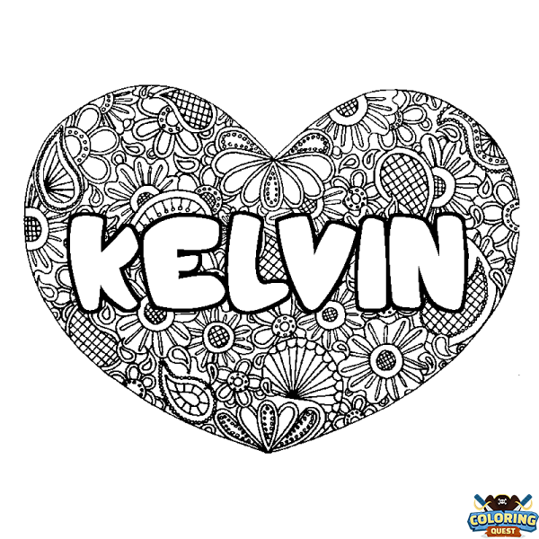Coloring page first name KELVIN - Heart mandala background